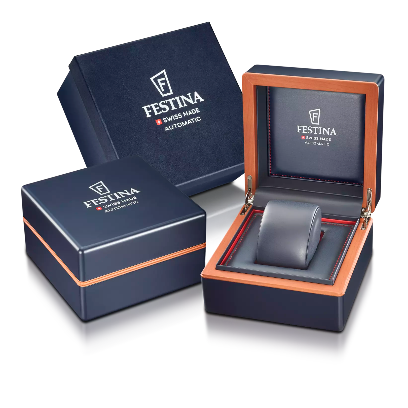 Damenuhr-Set: dunkelblaue Uhrenbox mit roségoldenen Kanten und grauem Polsterkissen