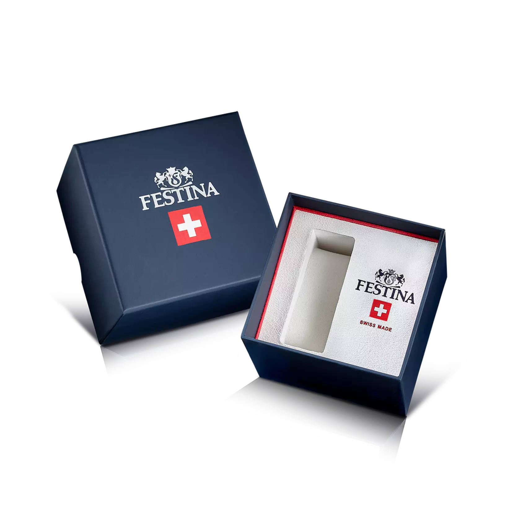 Festina Uhrenbox mit rotem Einfassungsrand und Logo auf dem Deckel