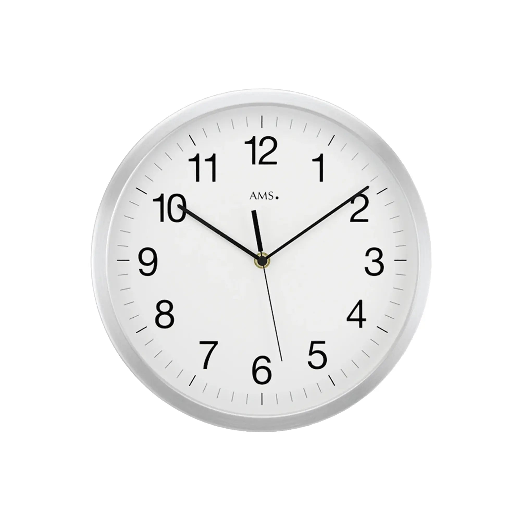 Runde Wanduhr aus silbernem, gebürstetem Aluminium mit arabischen Ziffern und Zeigern, AMS.