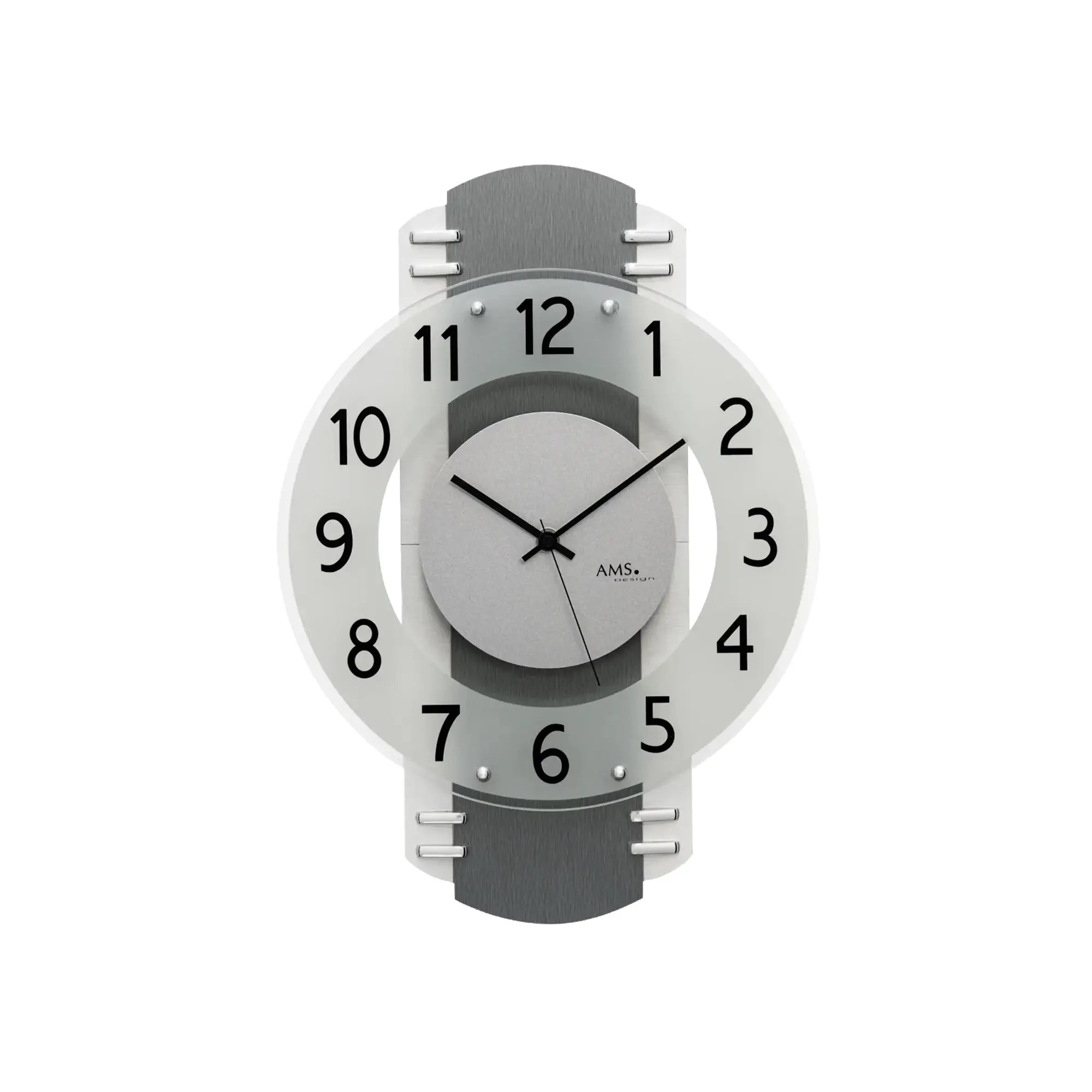 Wanduhr mit anthrazitfarbenem Ziffernblatt, weißem Rahmen und AMS-Uhrwerk