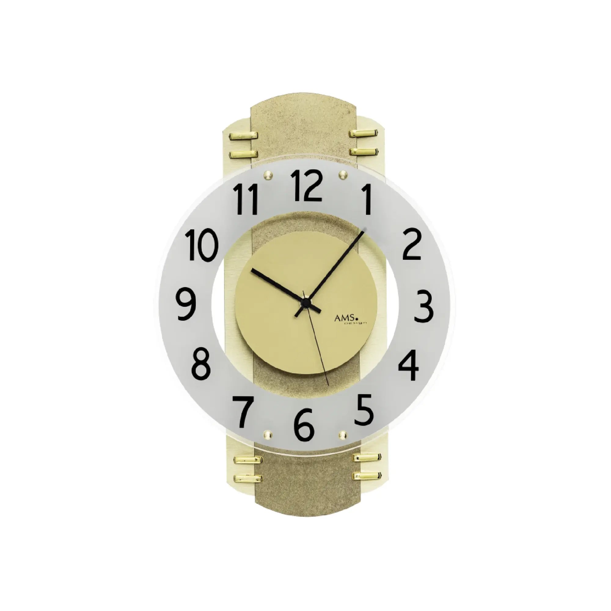 Funk-Wanduhr mit Holzgehäuse, Messingantik und satiniertem Mineralglas, römische Ziffern