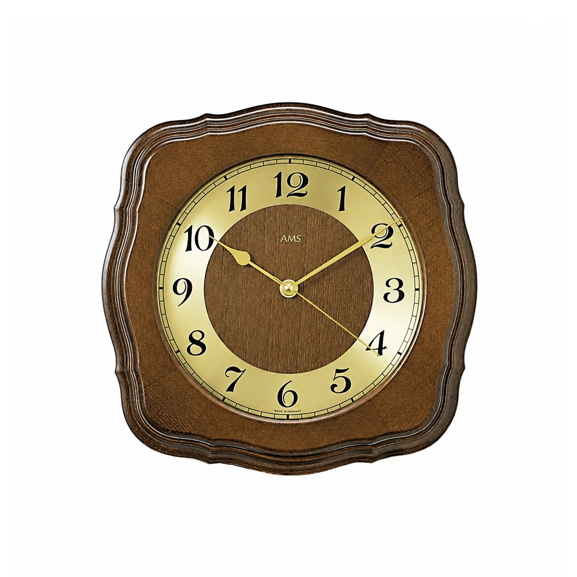 Wanduhr aus Nussbaumholz mit gelbem Zifferblatt, goldenen Zeigern und Mineralglas