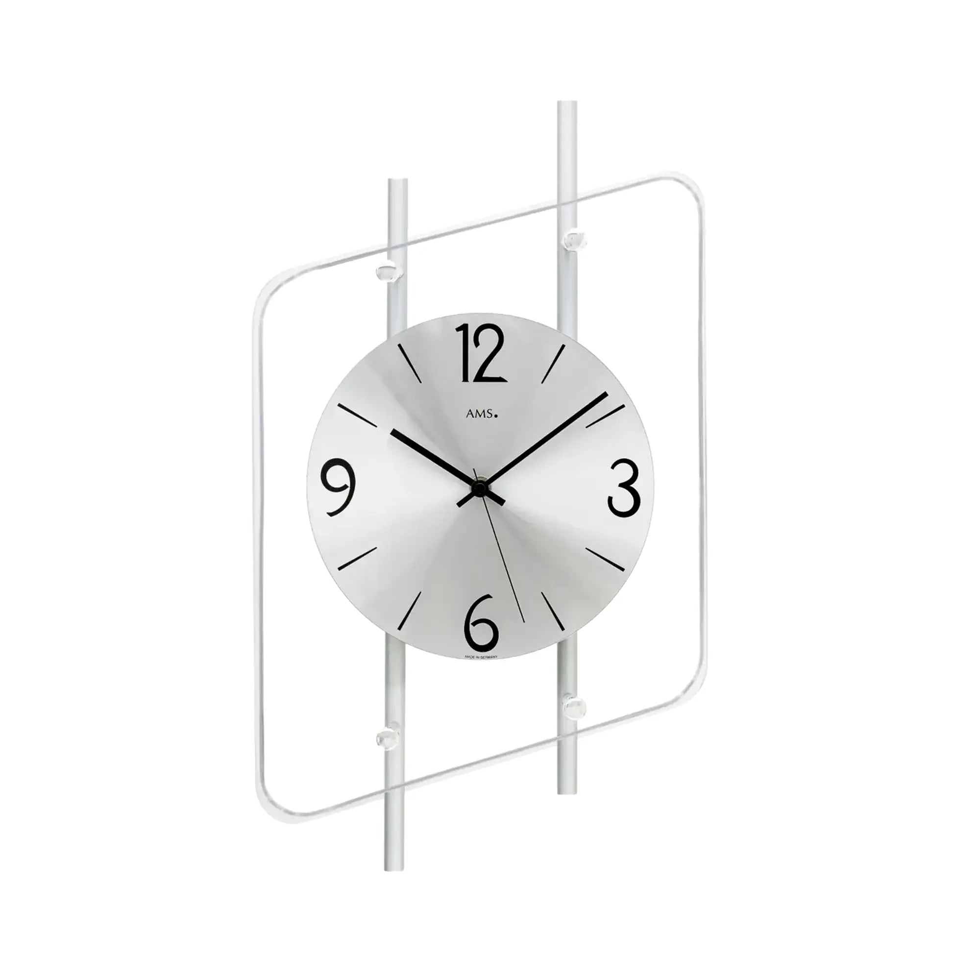 Wanduhr mit silbernem Aluminium-Zifferblatt, transparentem Rahmen und Funkwerk