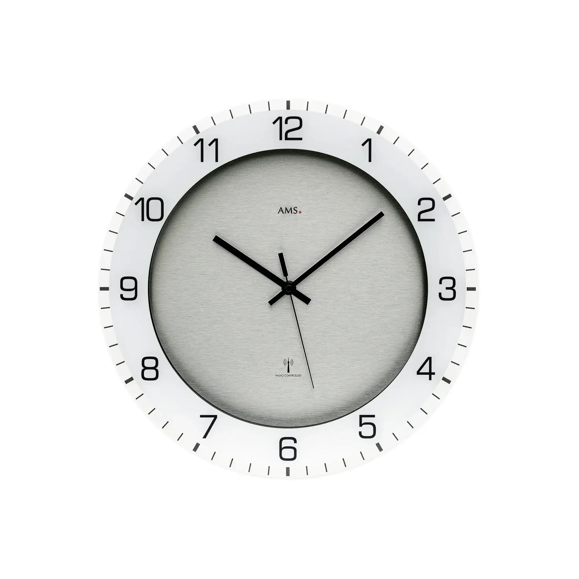 AMS Funk-Wanduhr, hellgraues Zifferblatt mit schwarzem Minuten- und Stundenzeiger