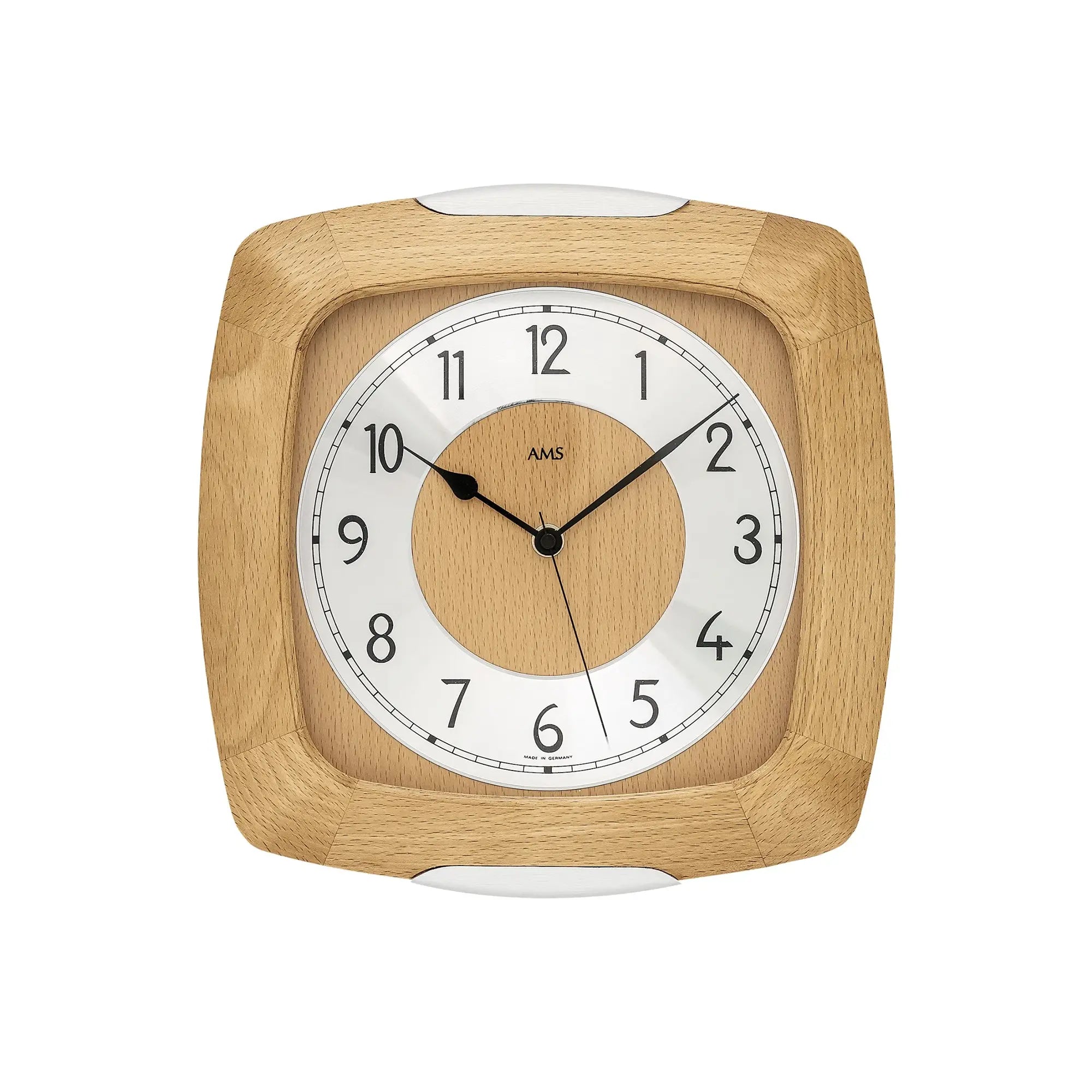 Funk-Wanduhr mit Holzrahmen und Mineralglas-Front, rundes Zifferblatt mit AMS-Logo