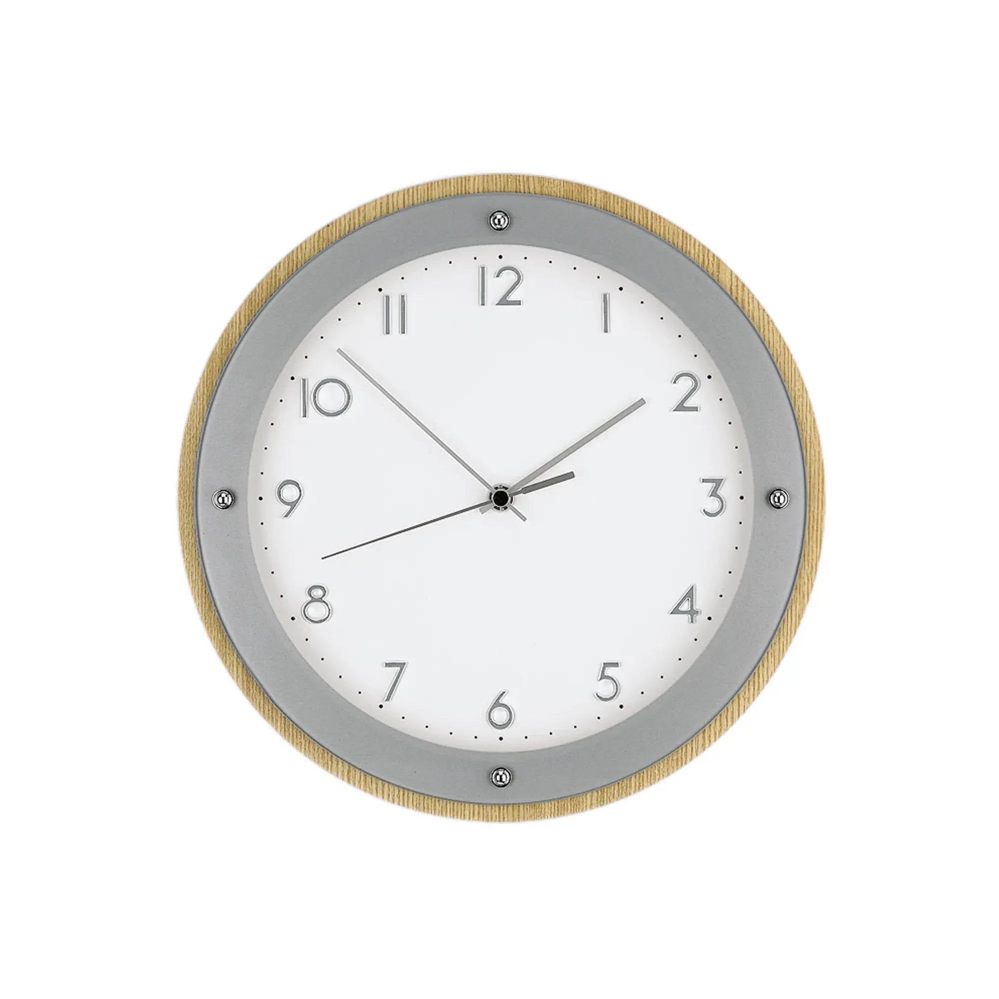 Runde Wanduhr mit Holzfarbener Einfassung, grauem Rahmen und weißem Ziffernblatt