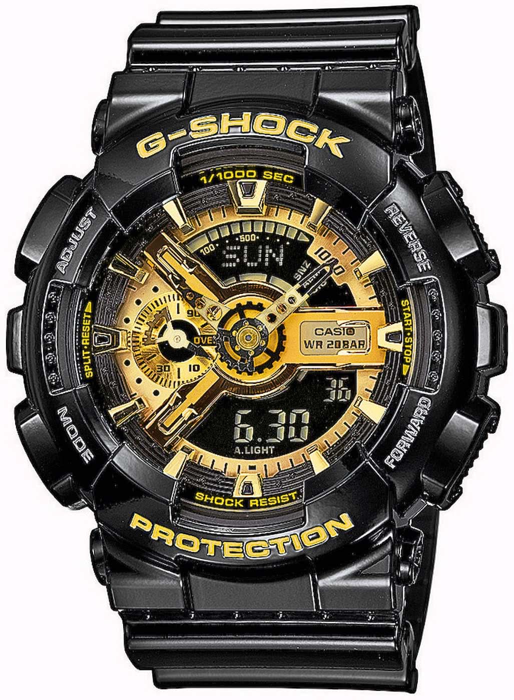 Montre Casio G-Shock pour homme avec boîtier noir, détails dorés et affichage de la date
