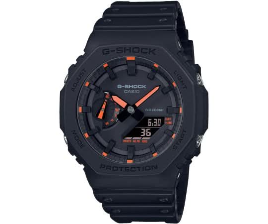 Montre Casio G-Shock pour homme GA-2100-1A4ER, boîtier octogonal foncé, détails orange