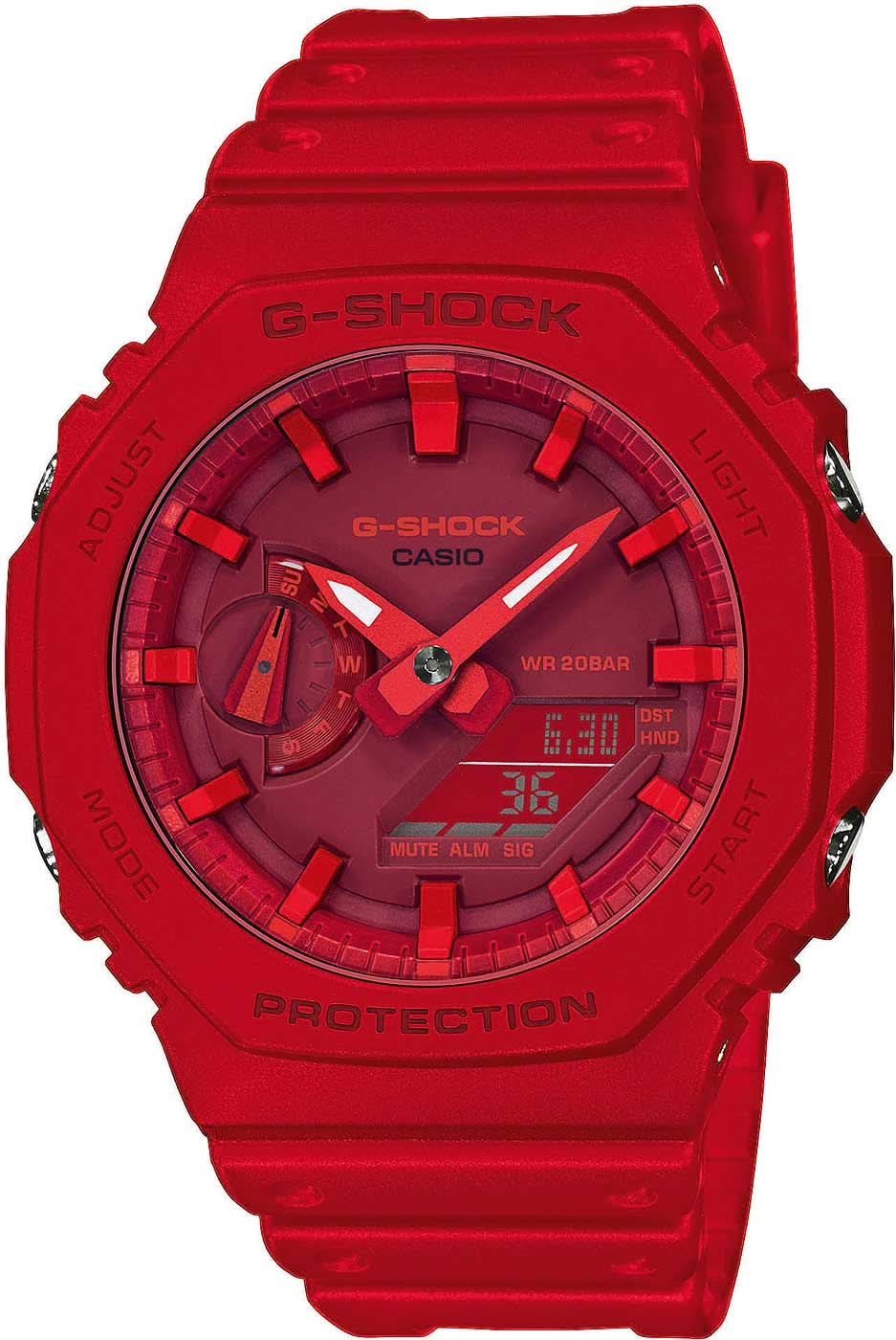 Montre Casio G-Shock pour homme avec boîtier rouge et cadran analogique rouge.