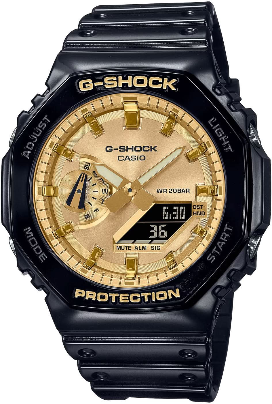 G-Shock Herrenuhr mit schwarzem Gehäuse, goldenem Zifferblatt und schwarzem Armband.