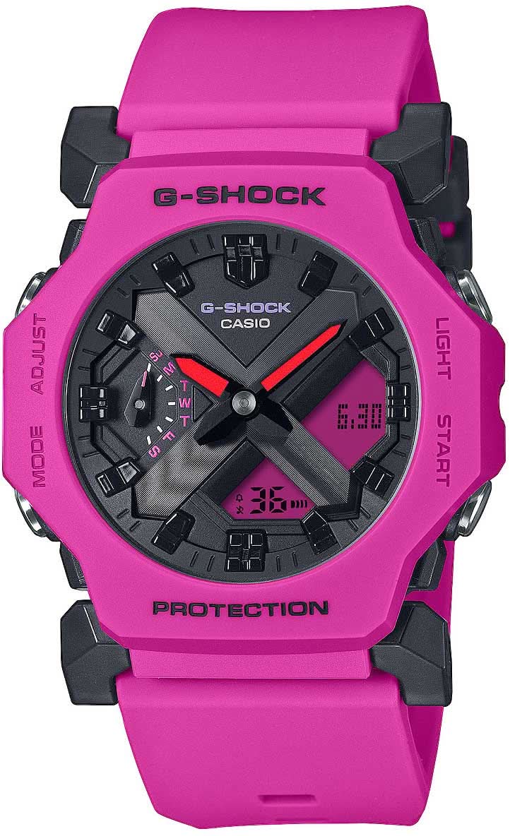 Montre homme avec bracelet en silicone rose, cadran noir et affichage numérique