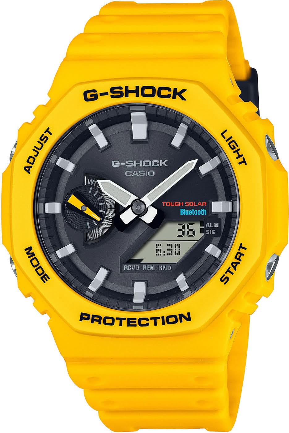 Montre pour homme avec bracelet en plastique jaune et cadran noir, lunette ronde