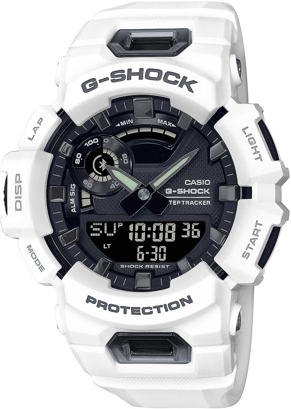 Casio G-Shock montre homme avec boîtier blanc et cadran noir, vue de face complète