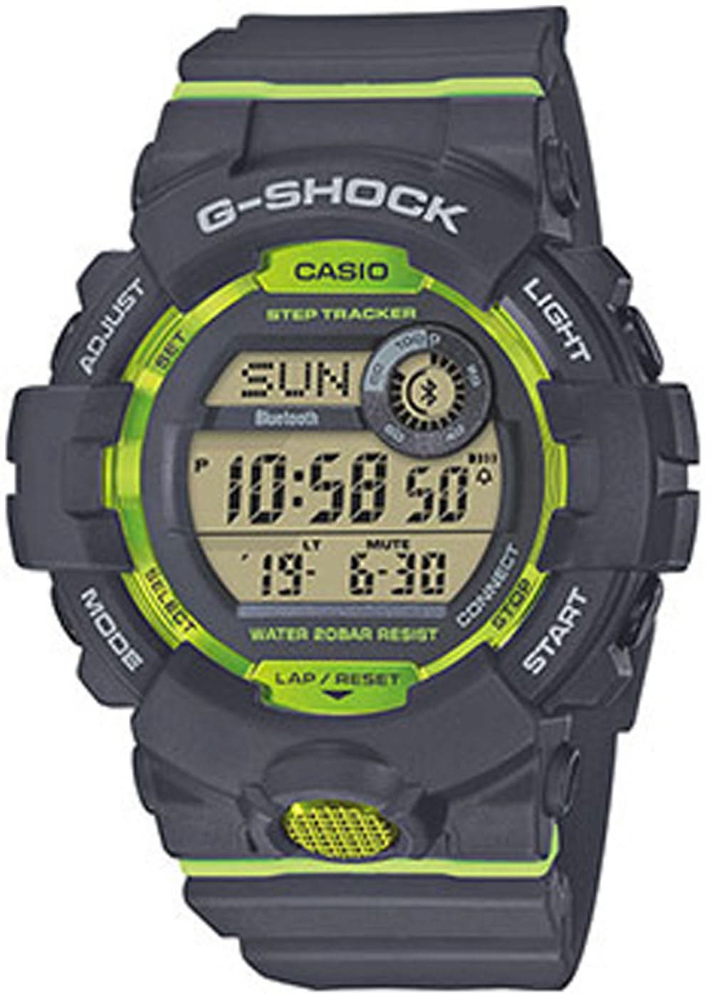 Montre Casio G-Shock avec affichage numérique, lunette et boîtier noirs et verts.