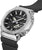 Montre bracelet pour homme avec cadran noir, boîtier argenté et bracelet en caoutchouc ; boutons poussoirs visibles.