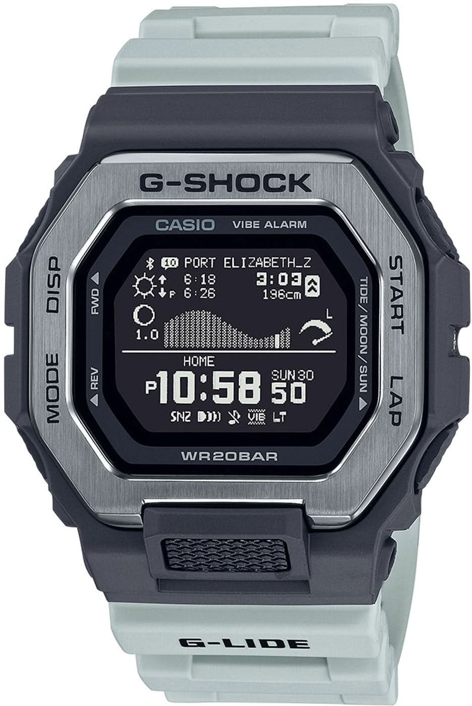 Montre de sport avec bracelet en caoutchouc gris clair, boîtier noir et écran LCD rond