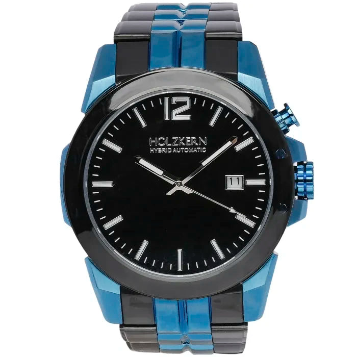 Holzkern Armbanduhr: blau-schwarzes Armband, schwarzes Zifferblatt, Datumsfenster