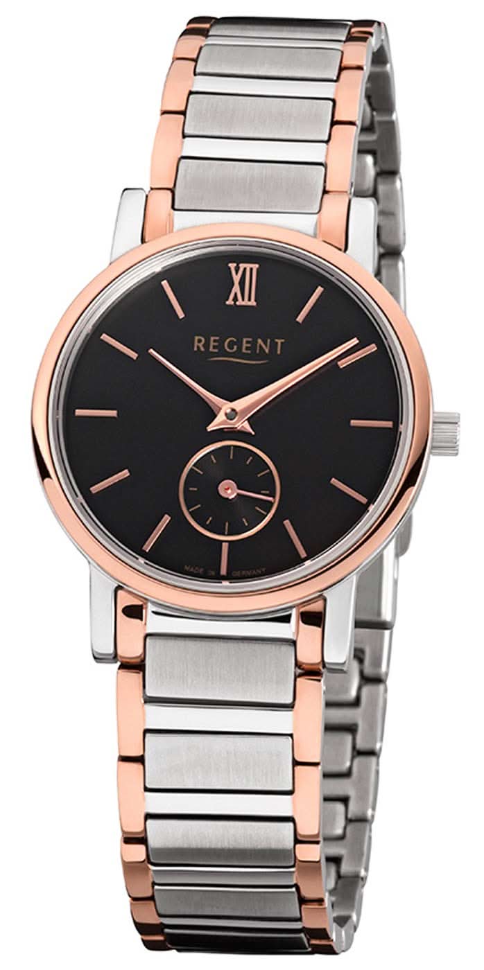 Montre bracelet pour homme Regent avec cadran noir, chiffres romains et bracelet en métal