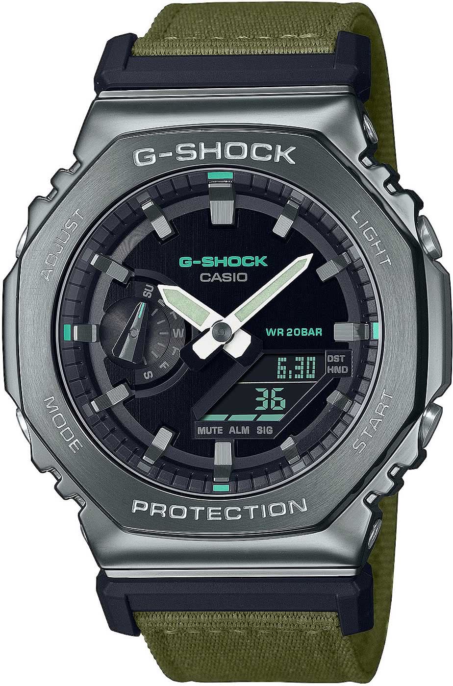 Casio G-Shock montre homme avec bracelet textile vert et cadran noir, WR 20 BAR.