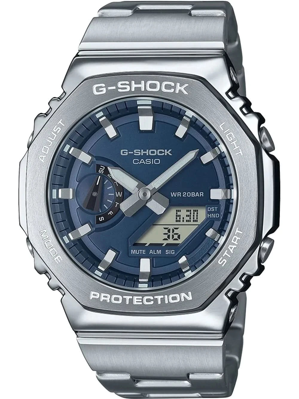Casio G-Shock montre homme avec bracelet en acier inoxydable, cadran bleu foncé et boîtier de protection