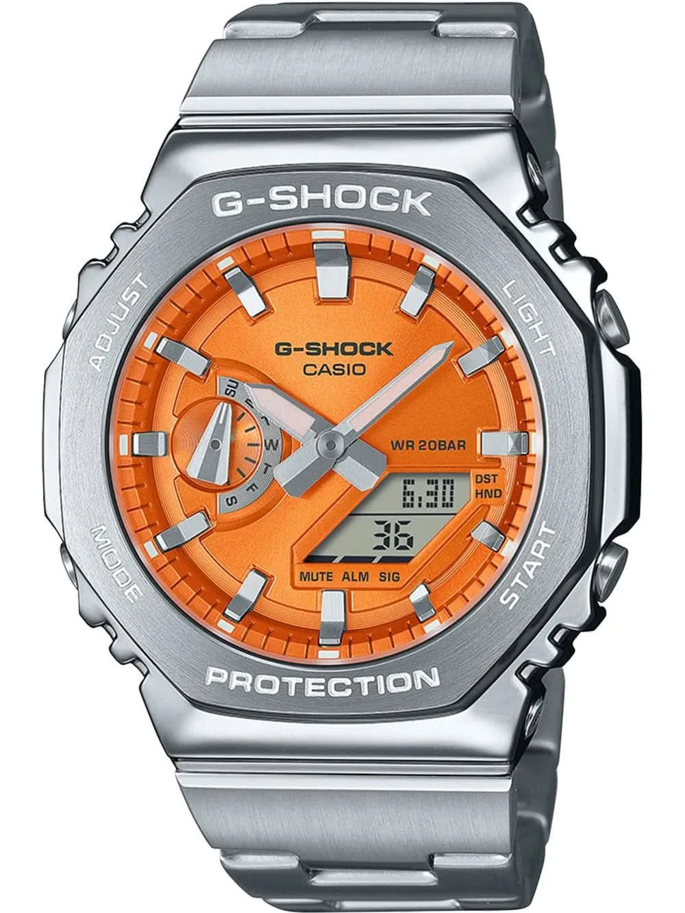 Montre bracelet pour homme en acier inoxydable avec cadran orange, compteurs auxiliaires et affichage numérique