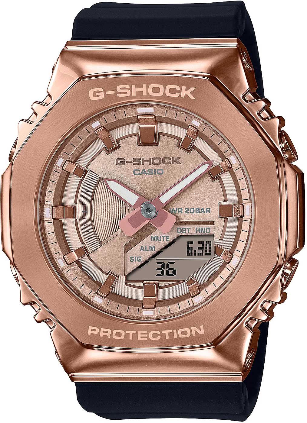 Montre pour femme avec boîtier couleur or rose, bracelet noir et affichage numérique