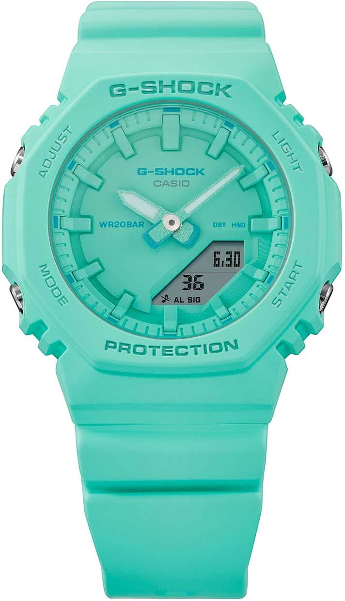 Casio G-Shock Montre femme avec bracelet rond en plastique turquoise et affichage numérique rond