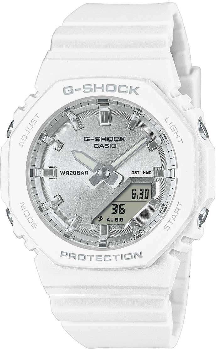 Damenuhr G-SHOCK mit weißem Silikonarmband und rechteckigem Digital-Display