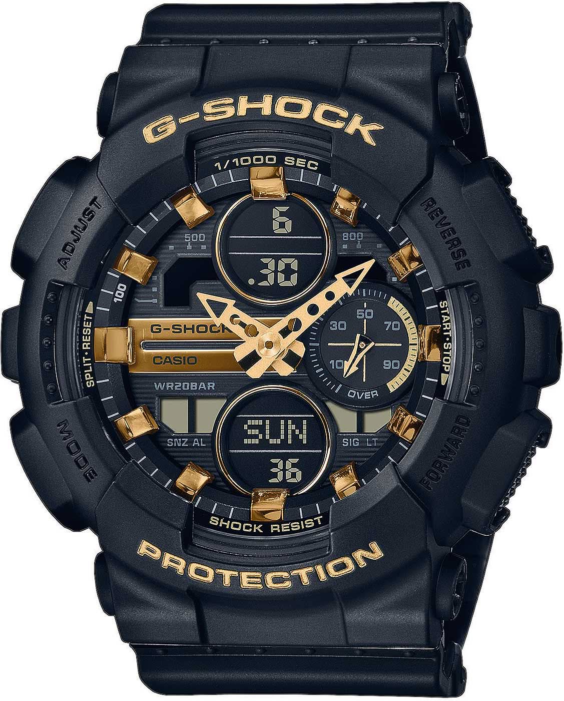 Casio G-Shock montre pour femme avec boîtier rond noir, accents dorés et affichage numérique