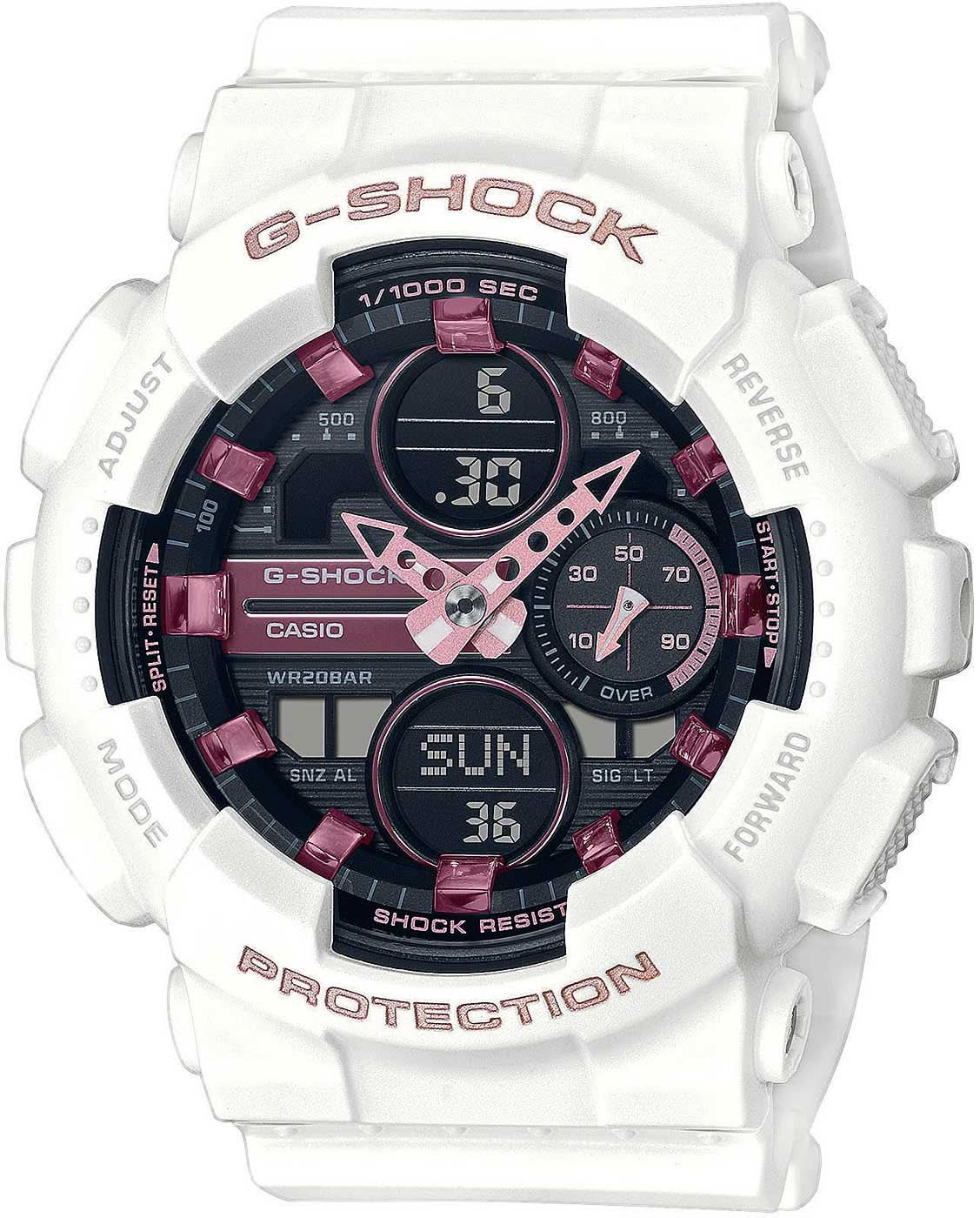 Casio G-Shock montre pour femme avec boîtier blanc, cadran noir et accents roses