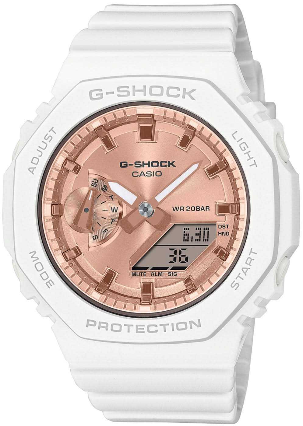 Casio G-Shock pour femme : cadran couleur or rose avec affichage numérique, boîtier blanc