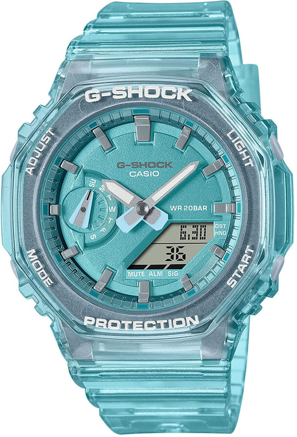 Montre G-Shock transparente pour femme avec cadran turquoise et affichage numérique