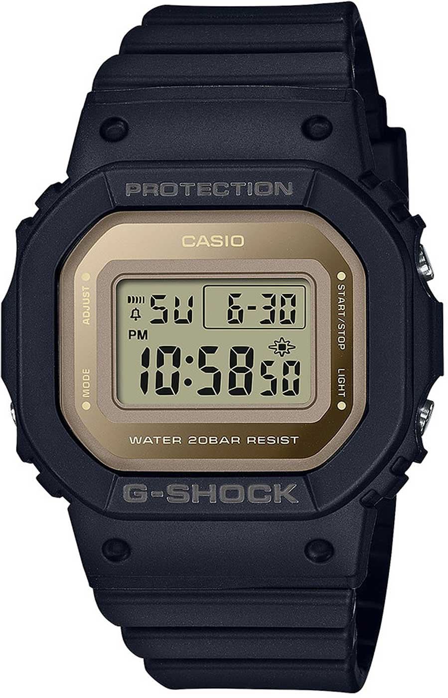 G-Shock-Digitaluhr mit schwarzem Armband, rundem Gehäuse und großem LCD-Display