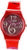 Rote Swatch-Uhr mit rundem Zifferblatt und roten Zierzahlen am Kunststoffarmband.