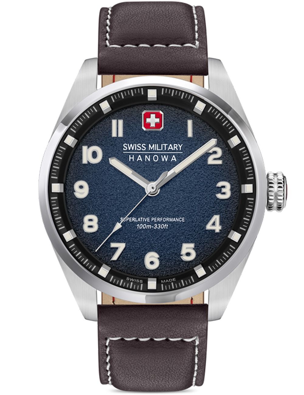 Swiss Military Hanowa Herrenuhr mit blauem Zifferblatt, braunem Lederband und Automatik