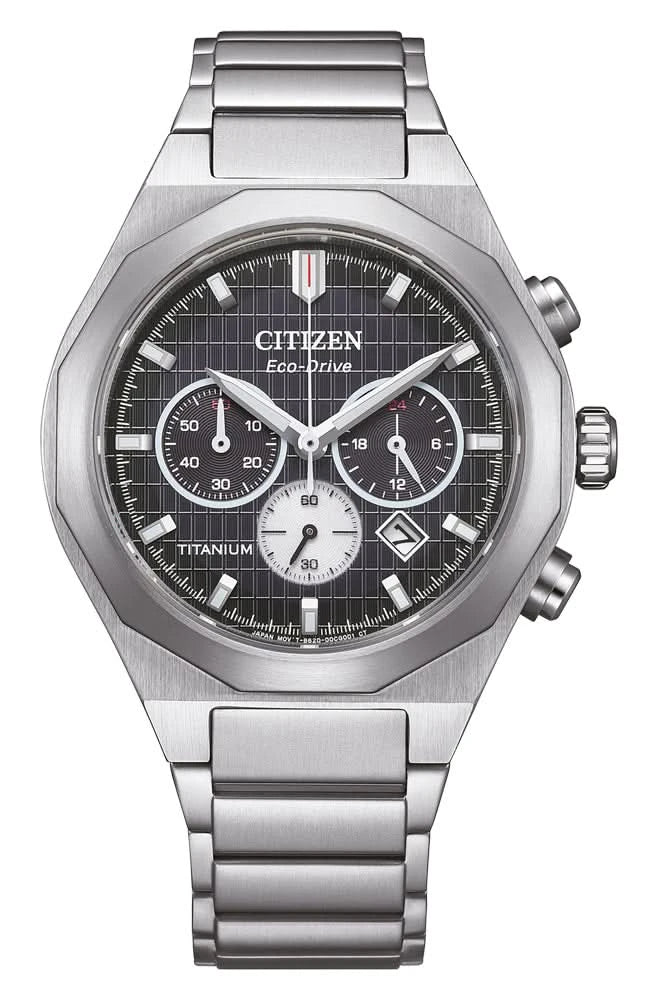 Montre homme avec bracelet en métal argenté, cadran noir et chronographe