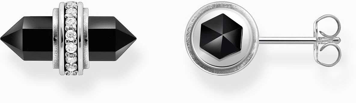 Boucles d'oreilles avec cristal d'onyx noir hexagonal et socle en argent