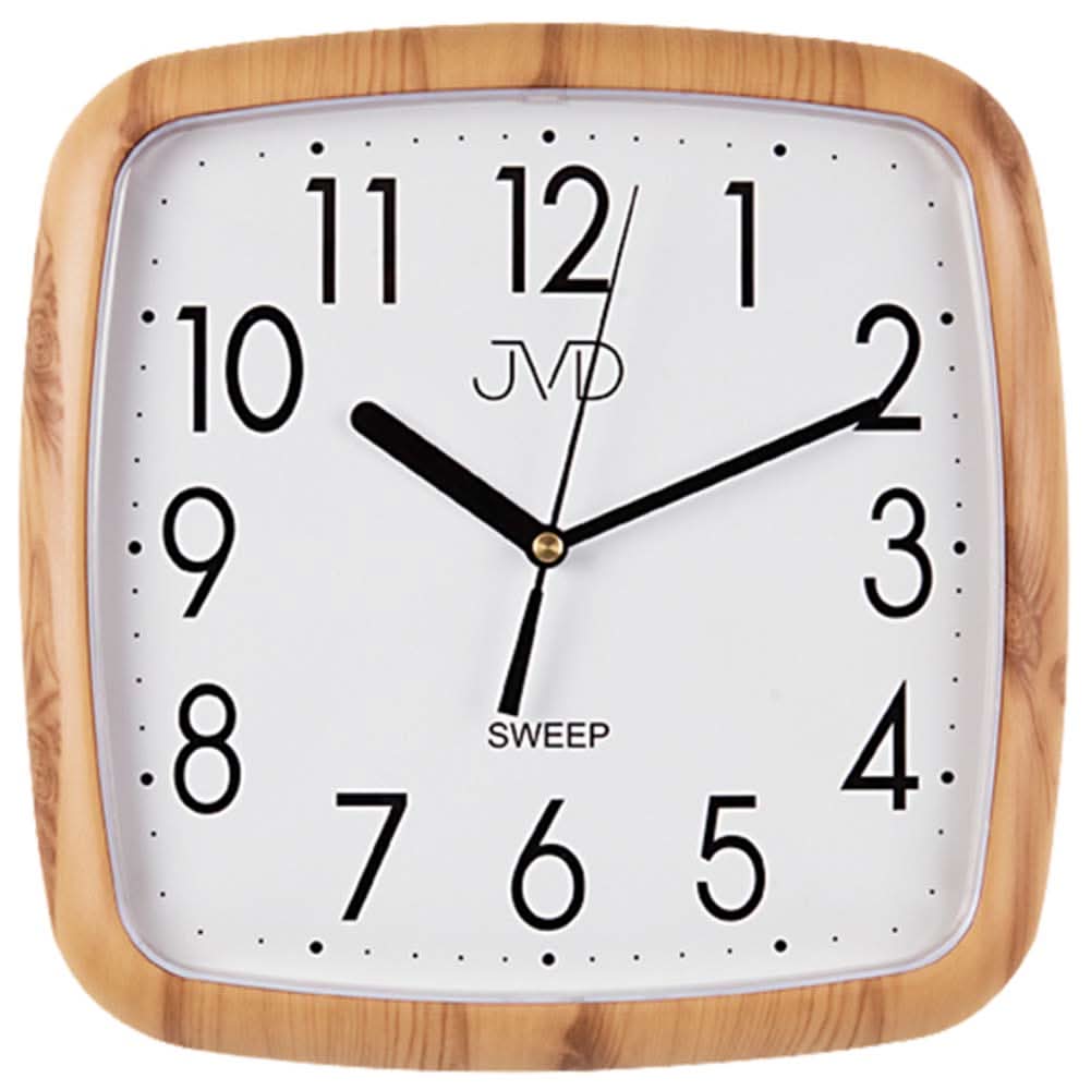 Horloge murale carrée avec cadre en bois, cadran blanc et aiguilles noires