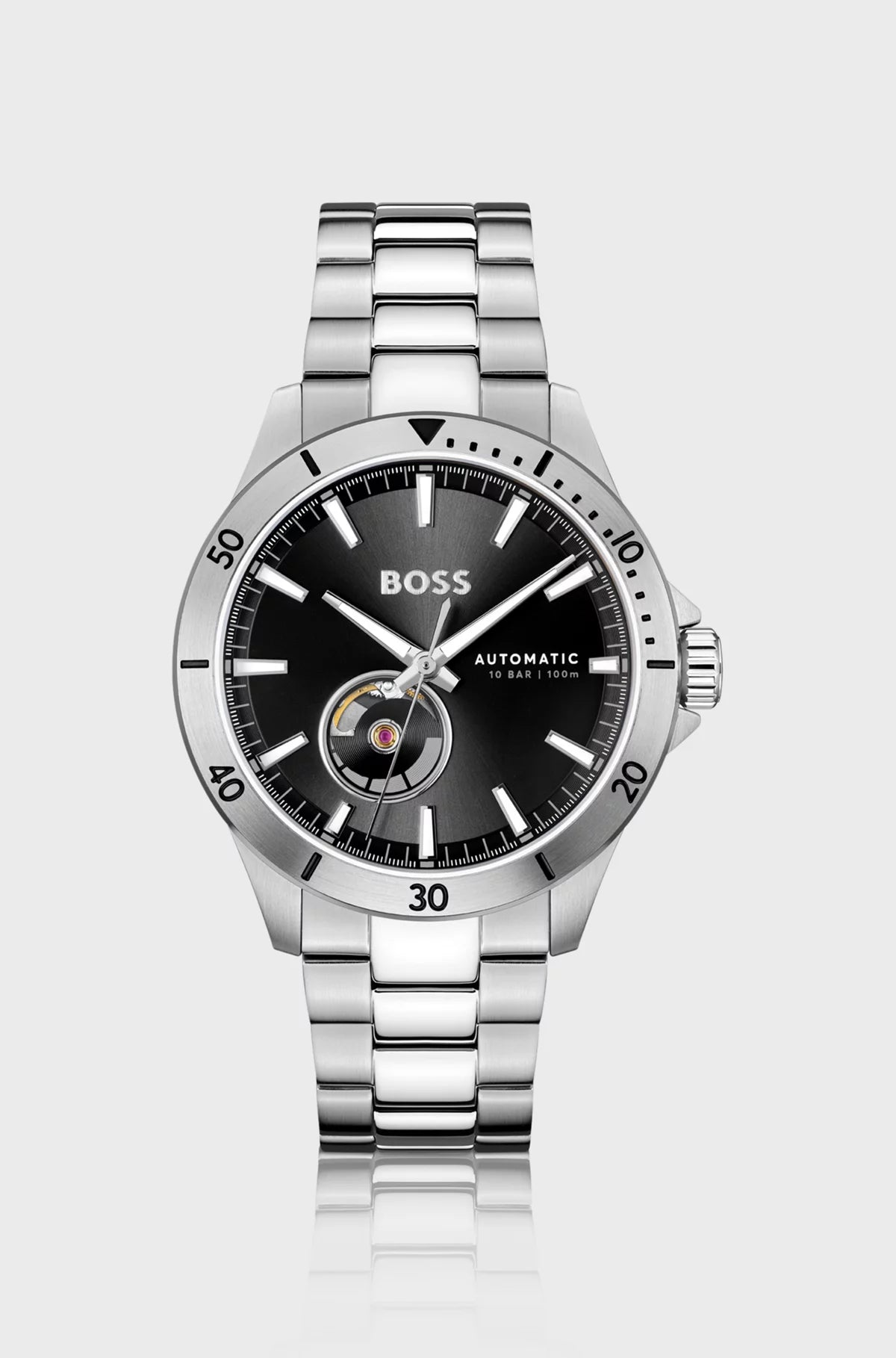 BOSS Herrenautomatik-Armbanduhr mit Edelstahlarmband, schwarzem Zifferblatt und Stundenmarkern