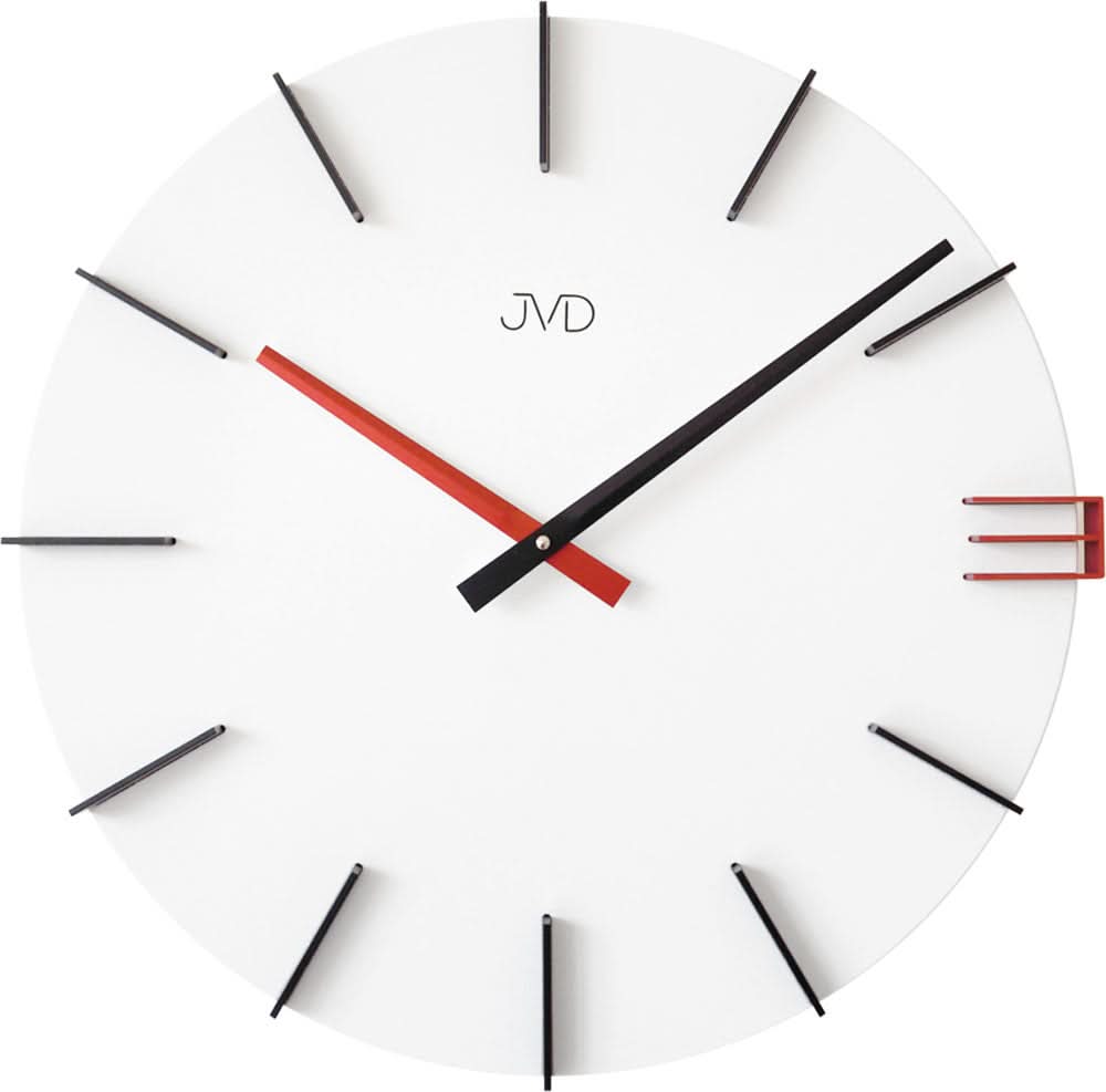 Wanduhr mit weißem Zifferblatt, schwarzen Zeigern und rotem Sekundenzeiger