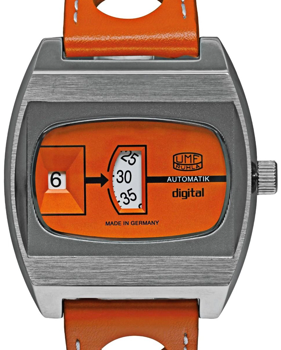 Montre homme avec boîtier en acier inoxydable argenté, bracelet orange et affichage numérique