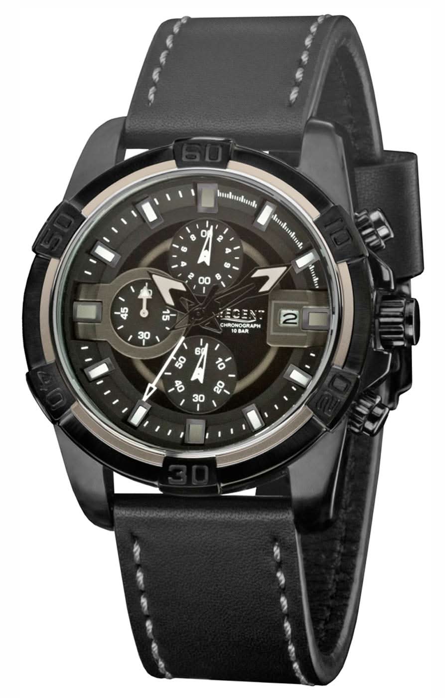 Chronographe pour homme : montre noire avec cadran et bracelet en cuir