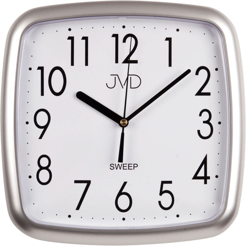 Quadratische Wanduhr mit weißem Zifferblatt, schwarzen Zeigern und Ziffern, JVD-Logo
