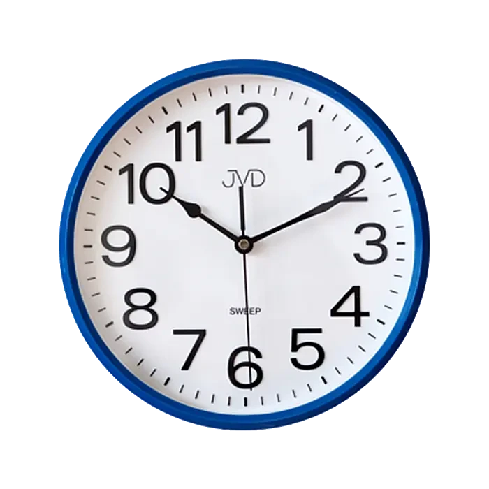 Horloge murale avec bordure bleue, cadran blanc et chiffres noirs