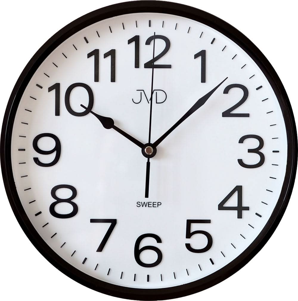 Runde Wanduhr mit weißem Zifferblatt, schwarzen Ziffern und dunklem Kunststoffrahmen