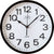 Runde Wanduhr mit weißem Zifferblatt, schwarzen Ziffern und dunklem Kunststoffrahmen