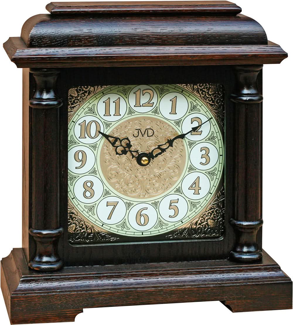 Horloge murale en bois avec façade en verre, chiffres arabes, cadran JVD