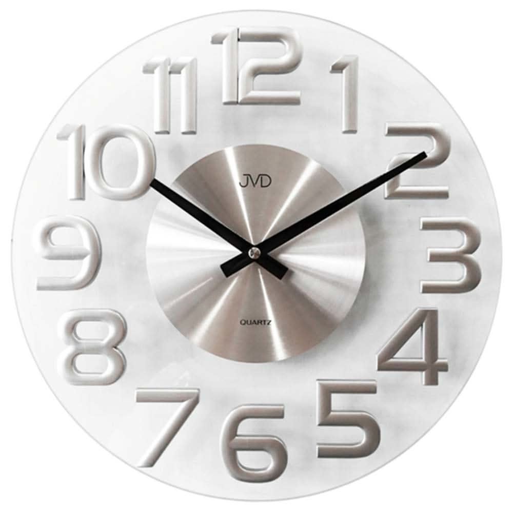 Horloge murale ronde avec chiffres argentés, jeu d'aiguilles noir et cadran en verre