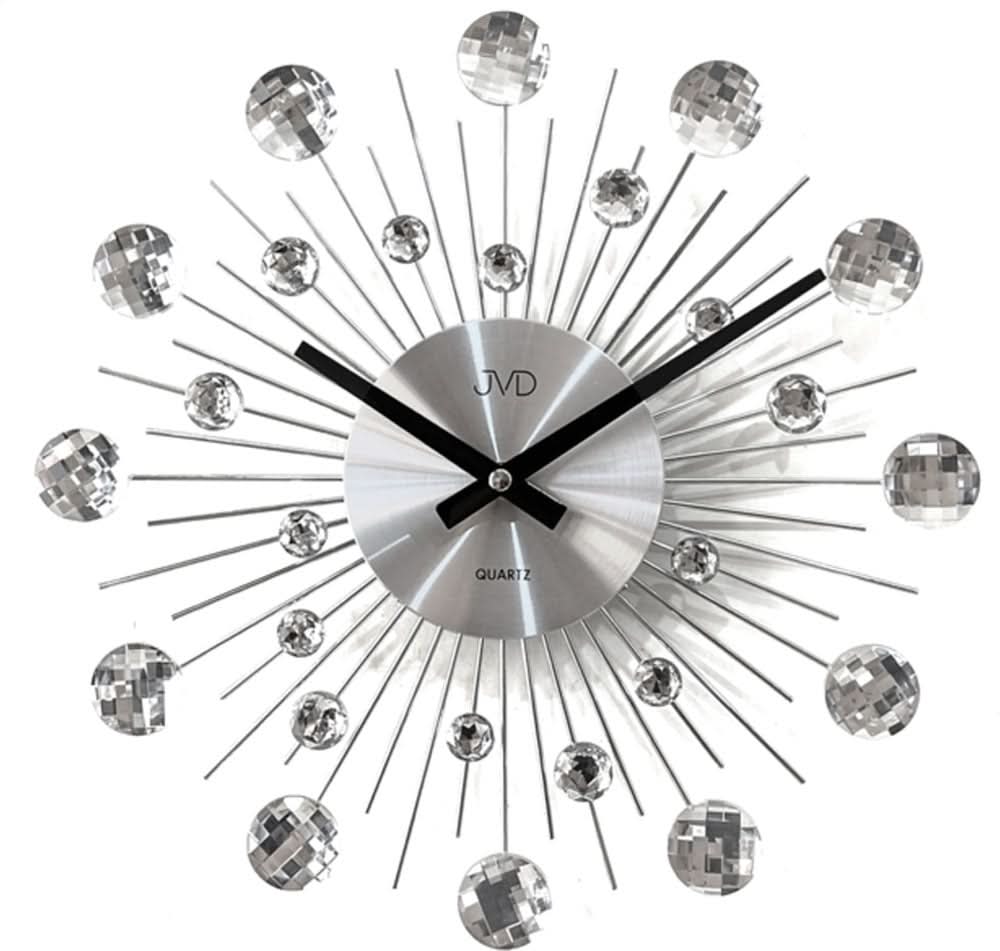 JVD Wanduhr mit Metall-Design, runden Zeigerachsen und Strahlen, glänzenden Glasknöpfen
