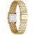 Goldfarbene Damenarmbanduhr mit sichtbarer Rückseite am rechteckigen Gehäuse, Metallarmband